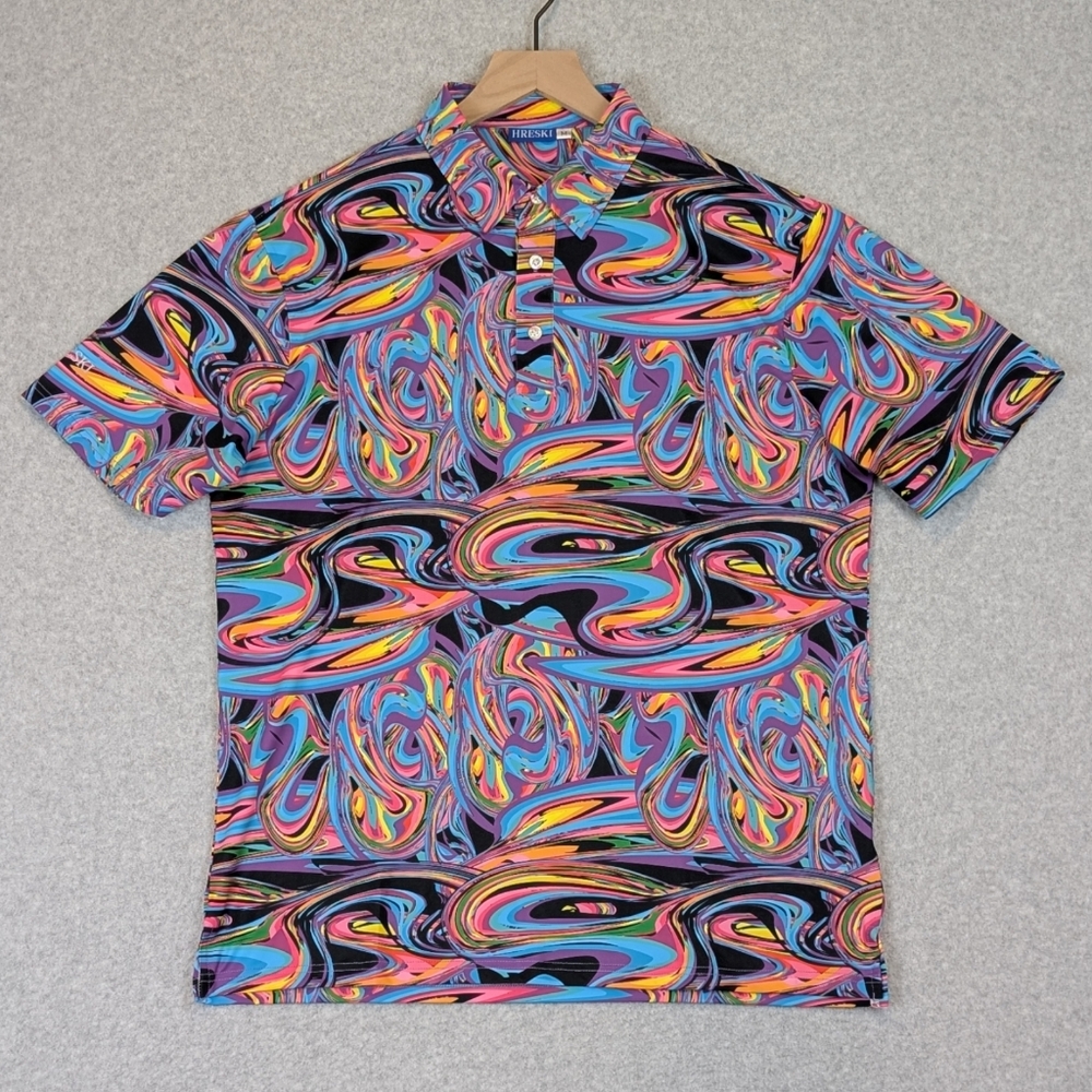 Hreski Polo Shirt Mens Medium Golf Neon Psychedelic Swirl Performance Stretch